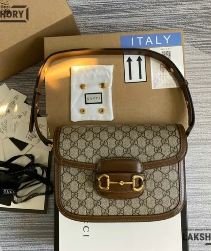 Gucci 1:1 Mirror Replica GG Monogram Horsebit 1955 Beige Brown 25CM/9.8IN Gucci Replica Horsebit Bags