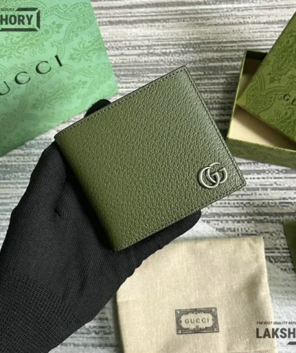 Gucci 1:1 Mirror Replica GG Bi-fold Card Case Wallet Dark Green 9CM/3.5IN Gucci Replica Wallets