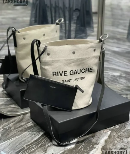YSL 1:1 Mirror Replica Linen Rive Gauche Bucket Bag Greggio Natural 20CM/7.9IN Replica Tote Bags
