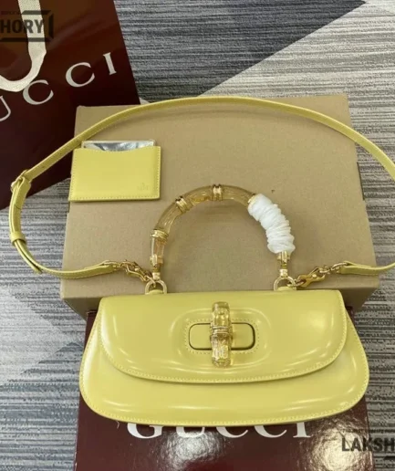 Gucci 1:1 Mirror Replica Bamboo Diva Small Top Handle Bag Yellow 26.6CM/10.5IN Gucci Replica Bamboo Bags