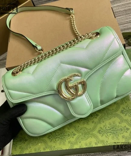 Gucci 1:1 Mirror Replica Iridescent Nappa Chevron GG Marmont 26CM/10.2IN Gucci Replica Marmont Bags