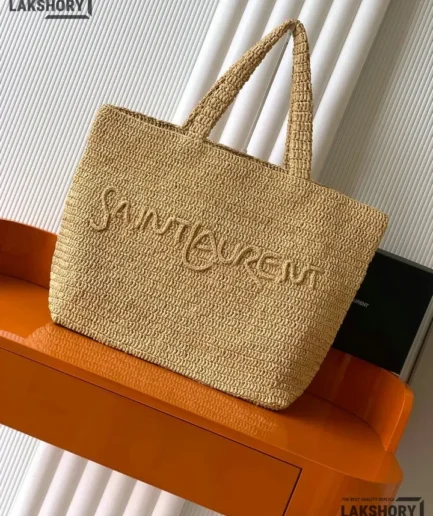 YSL 1:1 Mirror Replica Raffia Blend Logo Tote Bag Beige 43CM/16.9IN Replica Tote Bags
