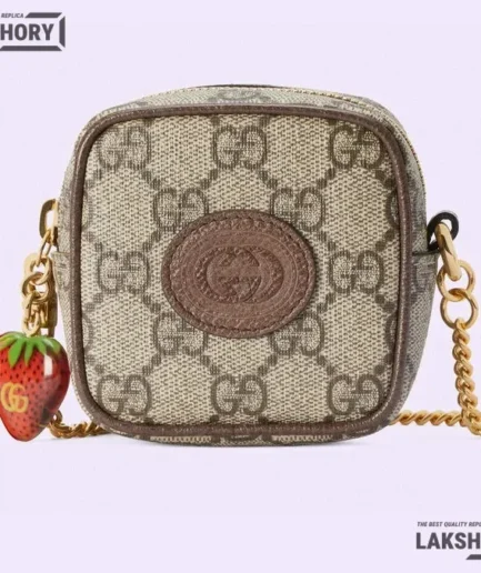 Gucci 1:1 Mirror Replica Strawberry Coin Wallet w/ Chain Ebony 3.5CM/1.4IN Gucci Replica Wallets