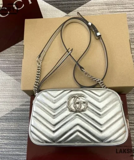 Gucci 1:1 Mirror Replica Matelasse Small GG Chain Marmont White 24CM/9.4IN Gucci Replica Marmont Bags