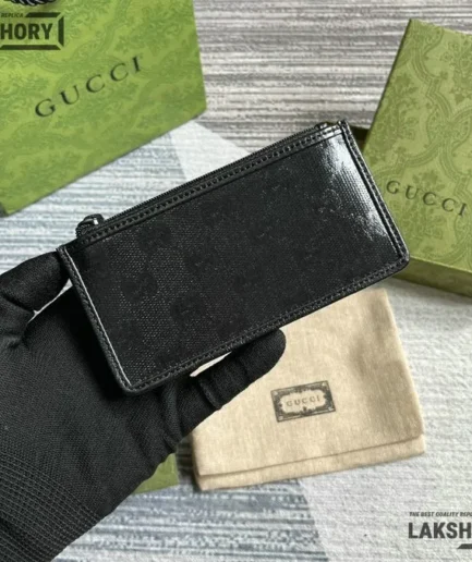 Gucci 1:1 Mirror Replica Card Holder Black GG Crystal Fabric 7.5CM/3IN Gucci Replica Wallets