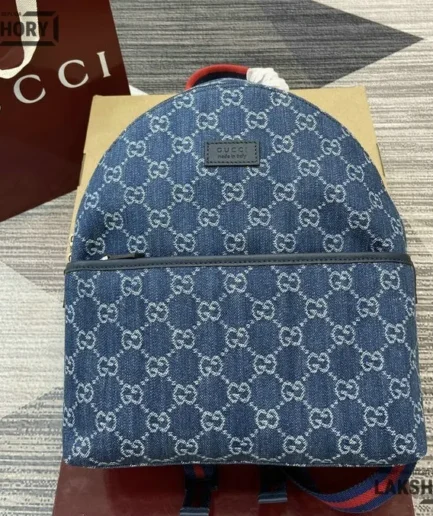 Gucci 1:1 Mirror Replica GG Monogram Denim Childrens Backpack Blue 32CM/12.6IN Gucci Replica Backpacks