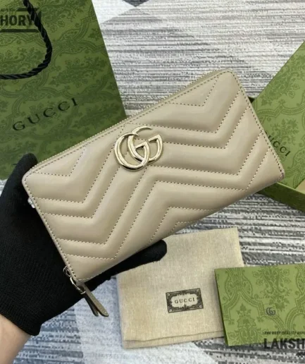 Gucci 1:1 Mirror Replica GG Marmont Zip Around Wallet Beige 19CM/7.5IN Gucci Replica Wallets