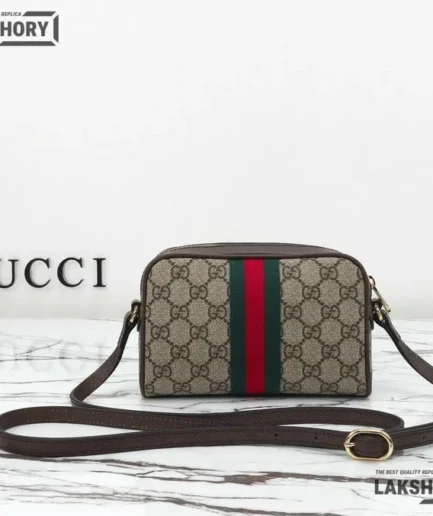 Gucci 1:1 Mirror Replica Supreme Ophidia Mini Bag Beige & Dark Brown 18CM/7.1IN Gucci Replica Ophidia Bags