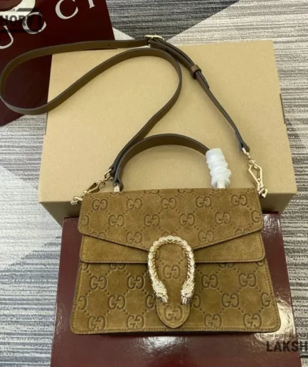 Gucci 1:1 Mirror Replica Dionysus Mini Brown GG Suede Top Handle Bag 22CM/8.7IN Gucci Replica Dionysus Bags