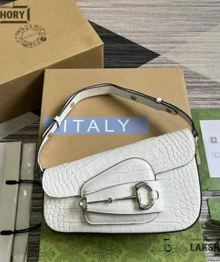 Gucci 1:1 Mirror Replica White Horsebit 1955 Small Crocodile Bag 26.5CM/10.4IN Gucci Replica Horsebit Bags