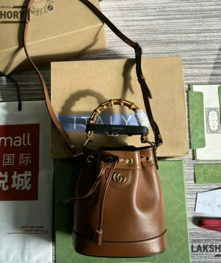 Gucci 1:1 Mirror Replica Softy Wonka Diana Bucket Bag Brown 30.5CM/12.0IN Gucci Replica Bamboo Bags