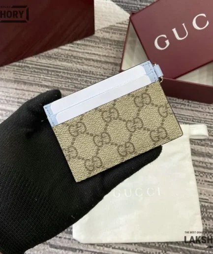 Gucci 1:1 Mirror Replica Emblem Card Case w/ Strap Beige Light Blue 7CM/2.8IN Gucci Replica Wallets