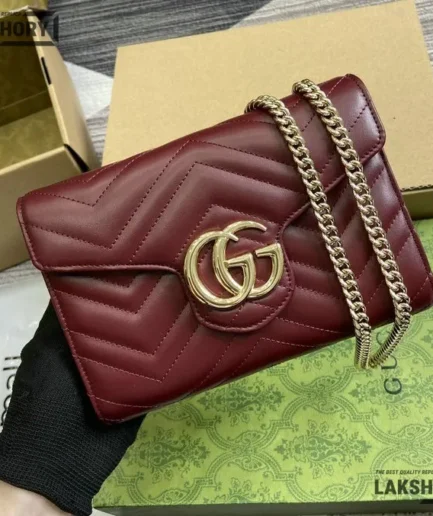Gucci 1:1 Mirror Replica Calfskin GG Marmont WOC Hibiscus Red 20CM/7.9IN Gucci Replica Marmont Bags