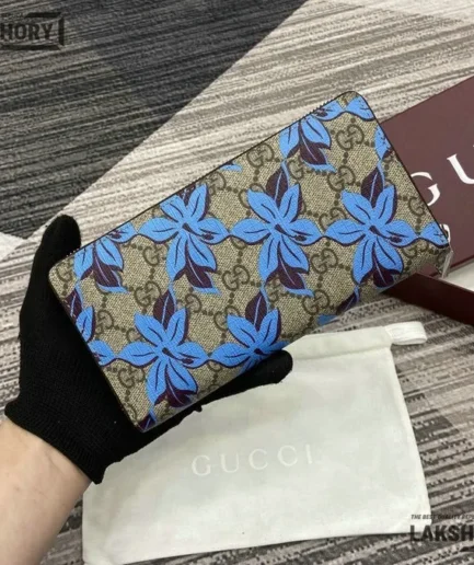Gucci 1:1 Mirror Replica Printed Zip Around Wallet Beige Dark Brown 19CM/7.5IN Gucci Replica Wallets