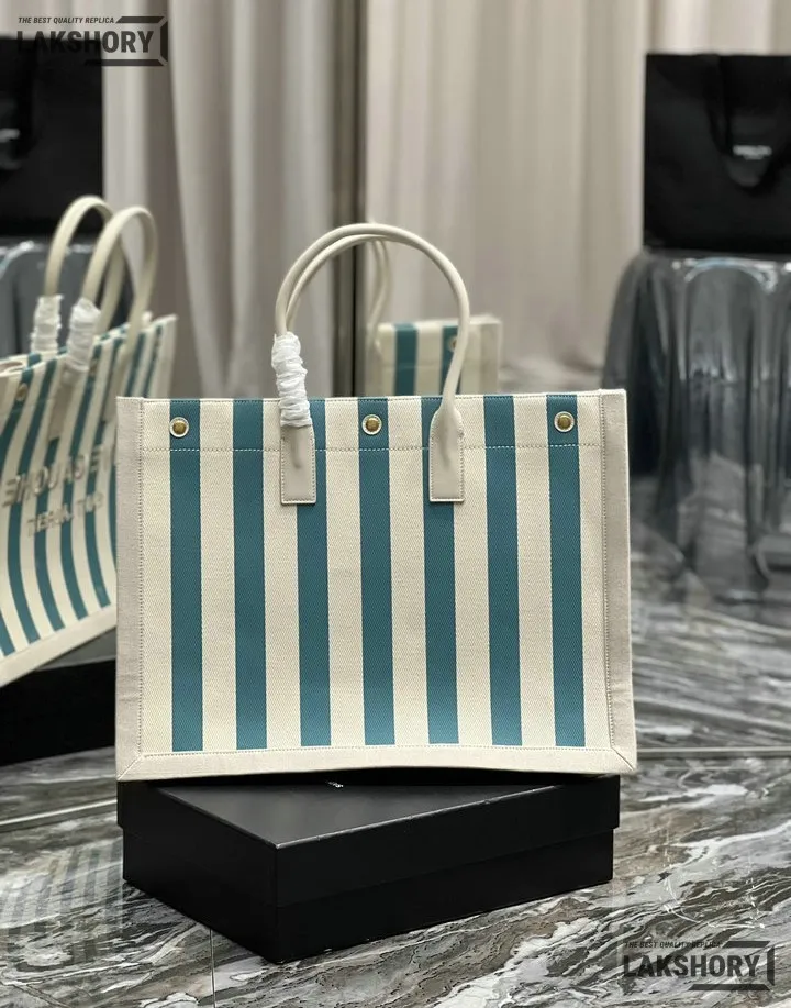 YSL 1:1 Mirror Replica Linen Striped Rive Gauche Tote Water Green 48CM/18.9IN Replica Tote Bags YSL 1:1 Mirror Replica Linen Striped Rive Gauche Tote Water Green 48CM/18.9IN Replica Tote Bags