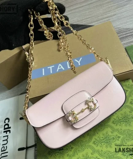 Gucci 1:1 Mirror Replica Horsebit 1955 Small Chain Pink Shoulder Bag 24CM/9.4IN Gucci Replica Horsebit Bags