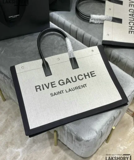 YSL 1:1 Mirror Replica Linen Calfskin Rive Gauche Tote Natural 48CM/18.9IN Replica Tote Bags