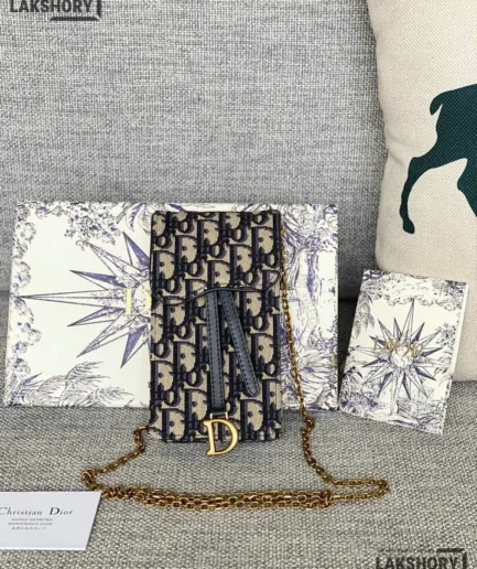 Dior 1:1 Mirror Replica Saddle Vertical Pouch Blue Dior Oblique Jacquard Christian Dior Replica Wallets