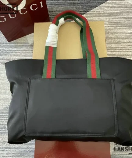 Gucci 1:1 Mirror Replica Nylon Web Large Tote Bag Black 45CM/17.7IN Gucci Replica Ophidia Bags