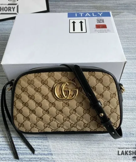 Gucci 1:1 Mirror Replica Diagonal Small Chain GG Marmont Beige Black 24CM/9.4IN Gucci Replica Marmont Bags