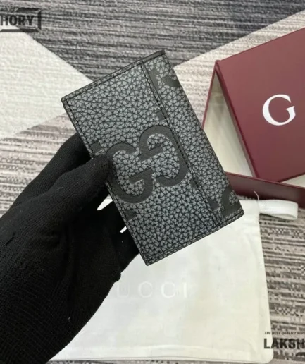 Gucci 1:1 Mirror Replica Jumbo GG Leather Card Case Black 7.5CM/3IN Gucci Replica Wallets