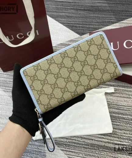 Gucci 1:1 Mirror Replica GG Emblem Zip Around Wallet Beige Blue 19CM/7.5IN Gucci Replica Wallets