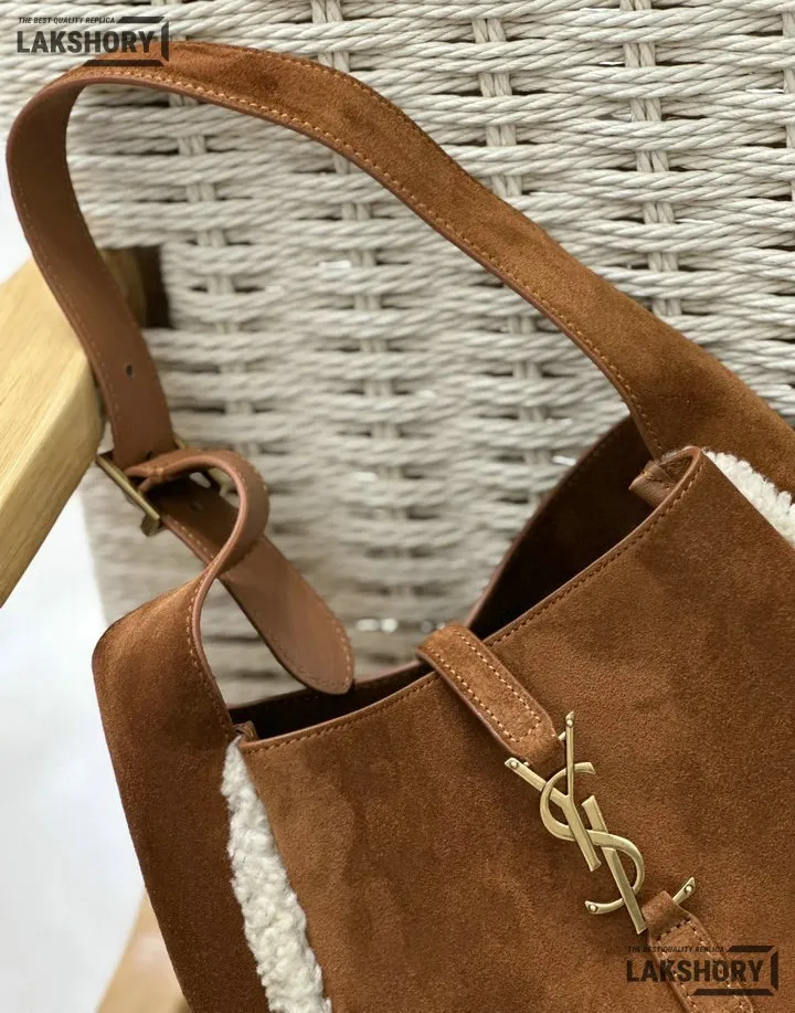 YSL 1:1 Mirror Replica Suede Shearling Le 5 A 7 Hobo Brown Beige 23CM/9.1IN Replica Hobo Bags YSL 1:1 Mirror Replica Suede Shearling Le 5 A 7 Hobo Brown Beige 23CM/9.1IN Replica Hobo Bags