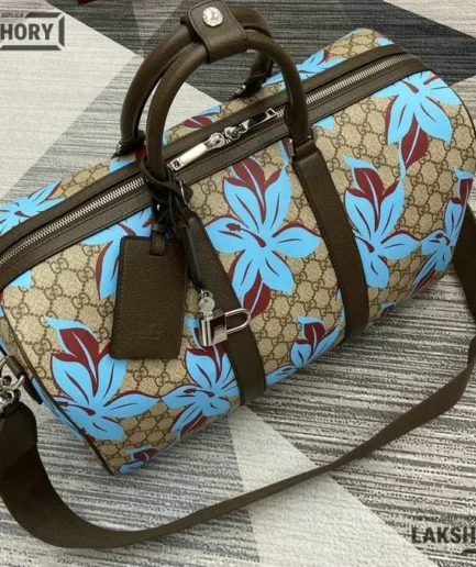 Gucci 1:1 Mirror Replica GG Printed Flowers Duffle Bag Beige 45CM/17.7IN Gucci Replica Ophidia Bags