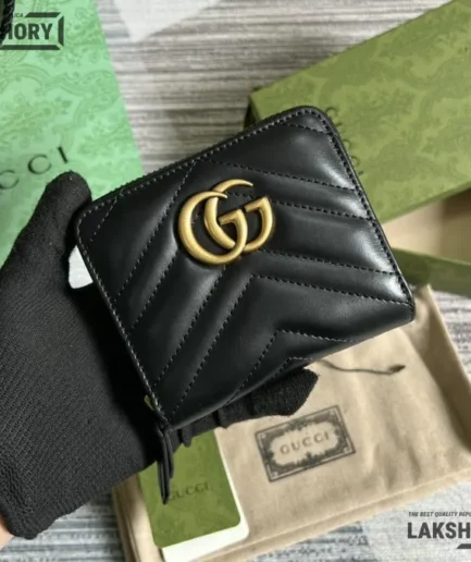 Gucci 1:1 Mirror Replica GG Marmont Compact Wallet Black 11.5CM/4.5IN Gucci Replica Wallets