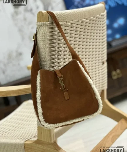 YSL 1:1 Mirror Replica Suede Shearling Le 5 A 7 Hobo Brown Beige 23CM/9.1IN Replica Hobo Bags