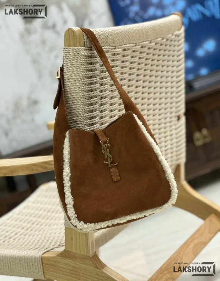 YSL 1:1 Mirror Replica Suede Shearling Le 5 A 7 Hobo Brown Beige 23CM/9.1IN Replica Hobo Bags YSL 1:1 Mirror Replica Suede Shearling Le 5 A 7 Hobo Brown Beige 23CM/9.1IN Replica Hobo Bags