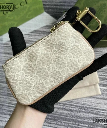 Gucci 1:1 Mirror Replica GG Monogram Key Case Beige White 7CM/2.8IN Gucci Replica Wallets