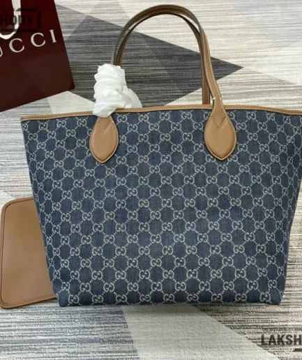 Gucci 1:1 Mirror Replica Totissima Denim Small Reversible Tote Dark Blue 30.5CM/12IN Gucci Replica Ophidia Bags