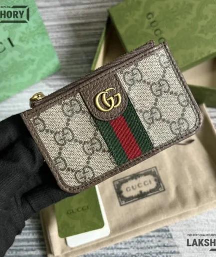 Gucci 1:1 Mirror Replica Web Ophidia GG Card Case Brown 12CM/4.7IN Gucci Replica Wallets