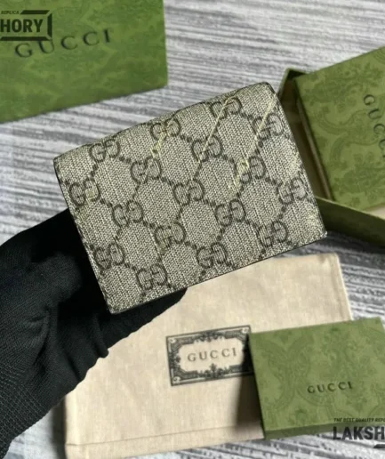 Gucci 1:1 Mirror Replica GG Supreme Monogram Card Case Beige 11CM/4.3IN Gucci Replica Wallets