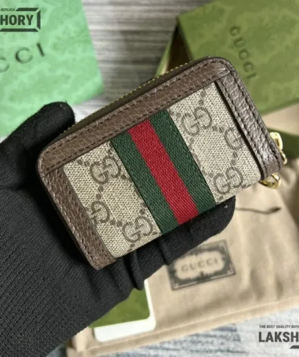 Gucci 1:1 Mirror Replica Web Ophidia Zip Around Key Case Beige 10.5CM/4.1IN Gucci Replica Wallets