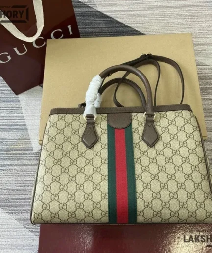 Gucci 1:1 Mirror Replica Ophidia GG Medium Tote Bag Beige & Brown 33.5CM/13.2IN Gucci Replica Ophidia Bags