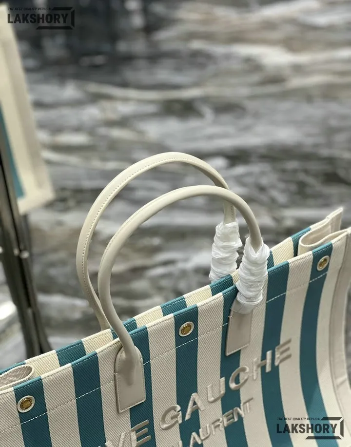 YSL 1:1 Mirror Replica Linen Striped Rive Gauche Tote Water Green 48CM/18.9IN Replica Tote Bags YSL 1:1 Mirror Replica Linen Striped Rive Gauche Tote Water Green 48CM/18.9IN Replica Tote Bags