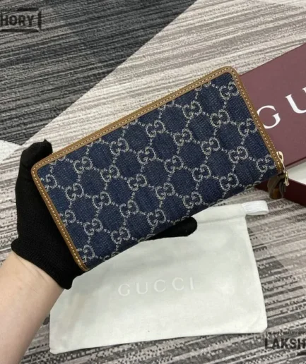 Gucci 1:1 Mirror Replica Denim GG Zip Around Continental Wallet Blue 19CM/7.5IN Gucci Replica Wallets