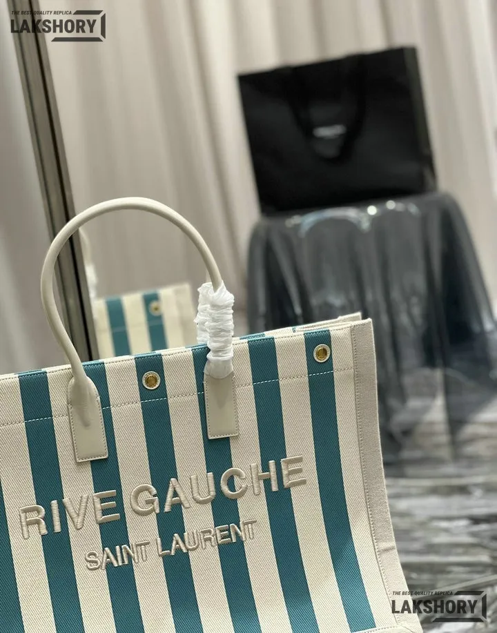 YSL 1:1 Mirror Replica Linen Striped Rive Gauche Tote Water Green 48CM/18.9IN Replica Tote Bags YSL 1:1 Mirror Replica Linen Striped Rive Gauche Tote Water Green 48CM/18.9IN Replica Tote Bags