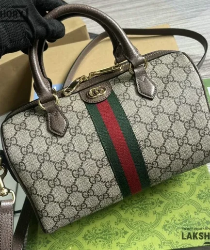 Gucci 1:1 Mirror Replica Ophidia Medium Boston Bag GG Canvas 26.5CM/10.4IN Gucci Replica Ophidia Bags