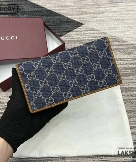 Gucci 1:1 Mirror Replica GG Emblem Continental Wallet Blue Brown 11CM/4.3IN Gucci Replica Wallets