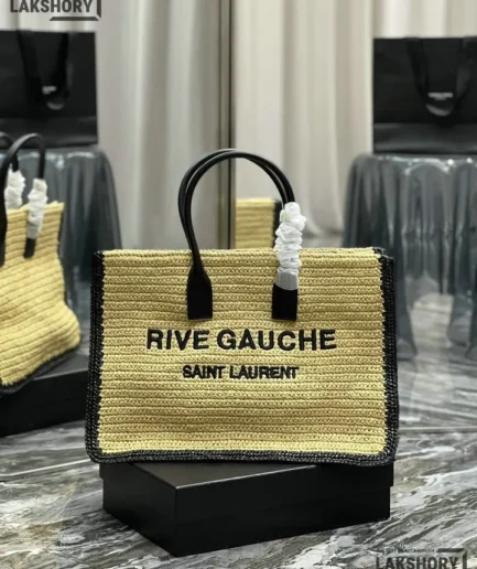 YSL 1:1 Mirror Replica Raffia Rive Gauche Tote Naturale Black 48CM/18.9IN Replica Tote Bags