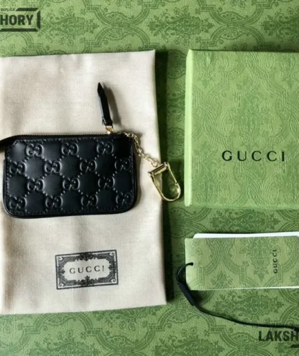Gucci 1:1 Mirror Replica Guccissima Key Case Pouch Black 12CM/4.7IN Gucci Replica Wallets