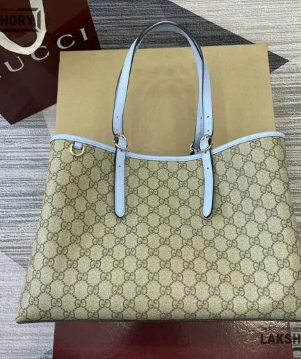 Gucci 1:1 Mirror Replica GG Emblem Large Tote Beige Sky Blue 38CM/15IN Gucci Replica Ophidia Bags