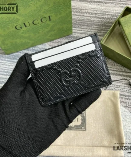 Gucci 1:1 Mirror Replica Embossed Tennis Card Holder Black 7CM/2.8IN Gucci Replica Wallets