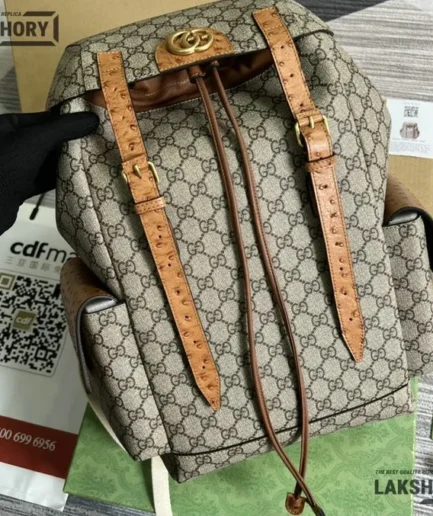 Gucci 1:1 Mirror Replica Leather Trim GG Beige & Brown Backpack 40CM/15.7IN Gucci Replica Backpacks