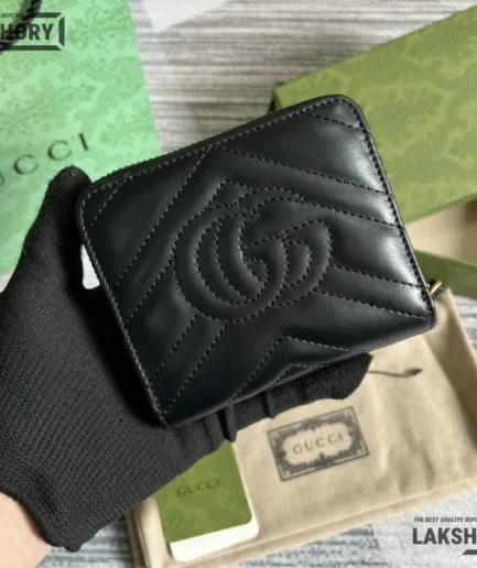 Gucci 1:1 Mirror Replica GG Marmont Compact Wallet Black 11.5CM/4.5IN Gucci Replica Wallets