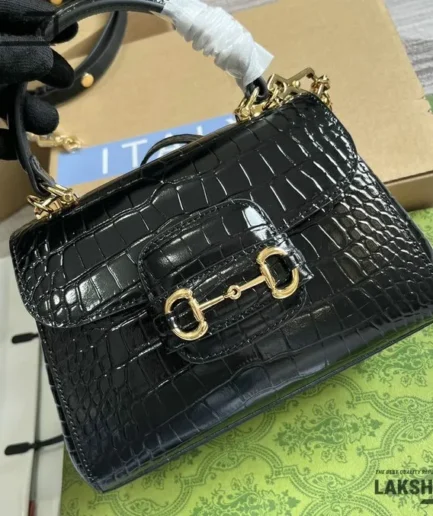 Gucci 1:1 Mirror Replica Horsebit 1955 Crocodile Top Handle Bag 22CM/8.7IN Gucci Replica Horsebit Bags