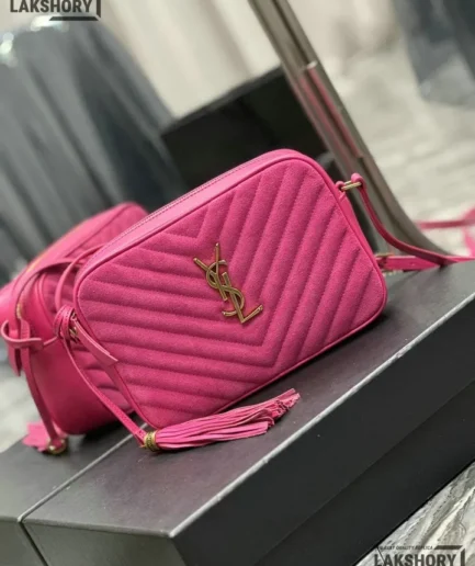 YSL 1:1 Mirror Replica Suede Matelasse Lou Camera Bag Rose 23CM/9.1IN Replica Crossbody Bags